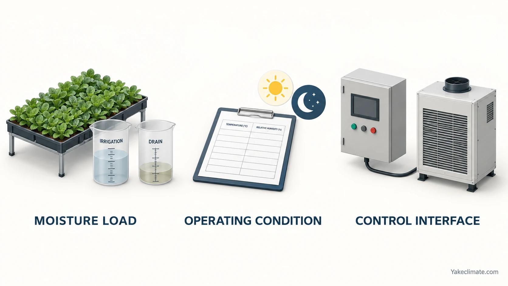 Moisture-load records, operating-condition sheet and control interface form three equipment-selection inputs.