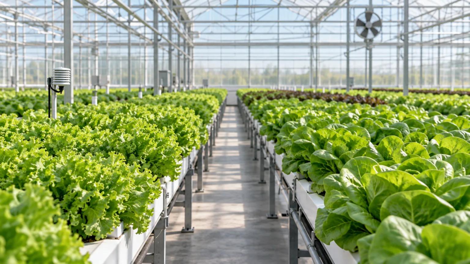AI-created illustrative hydroponic lettuce greenhouse with canopy sensor and circulation fan; not a Yakeclimate project photograph