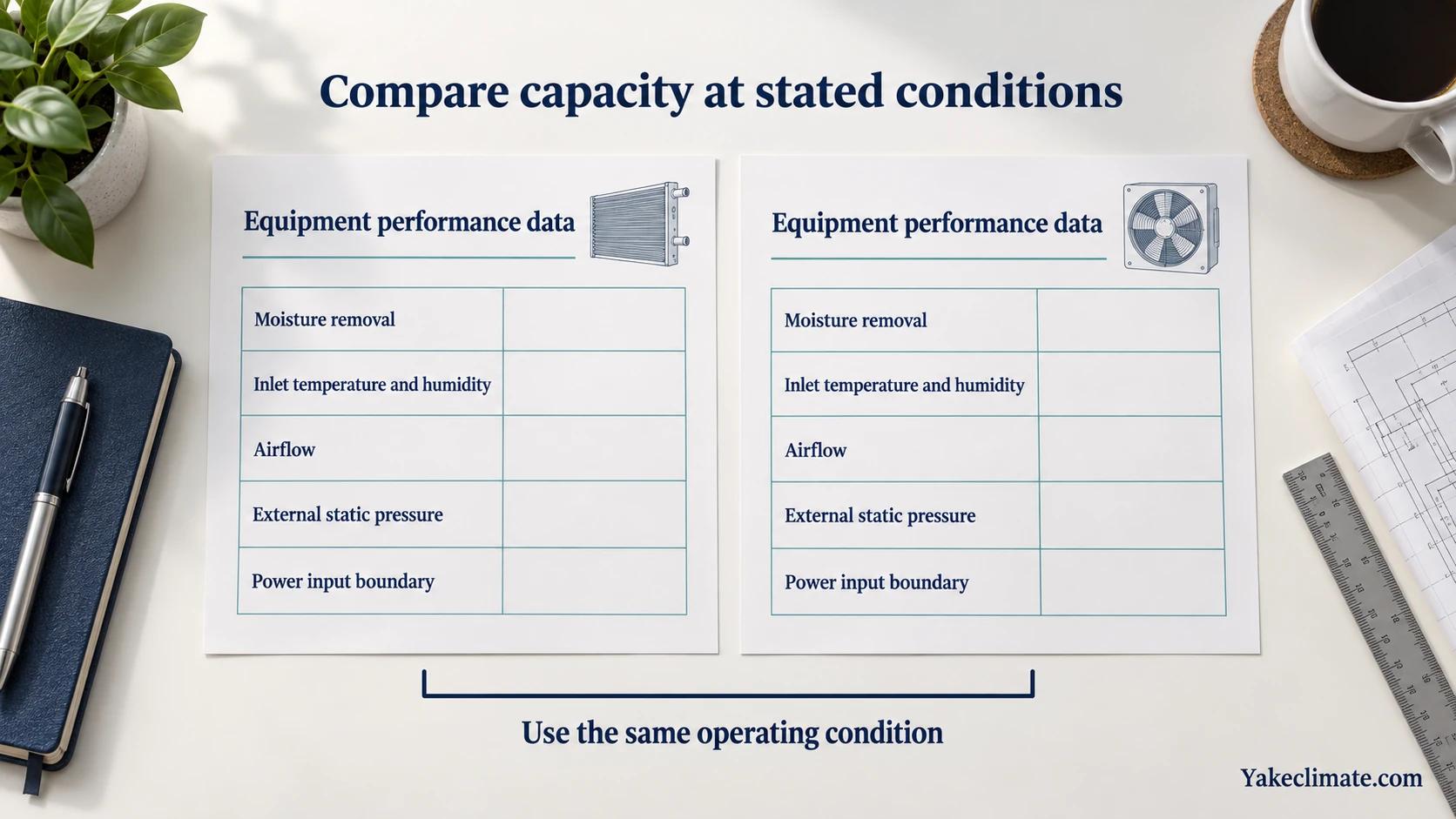 Two blank equipment performance sheets compare moisture removal alongside inlet conditions, airflow, static pressure and power boundary.
