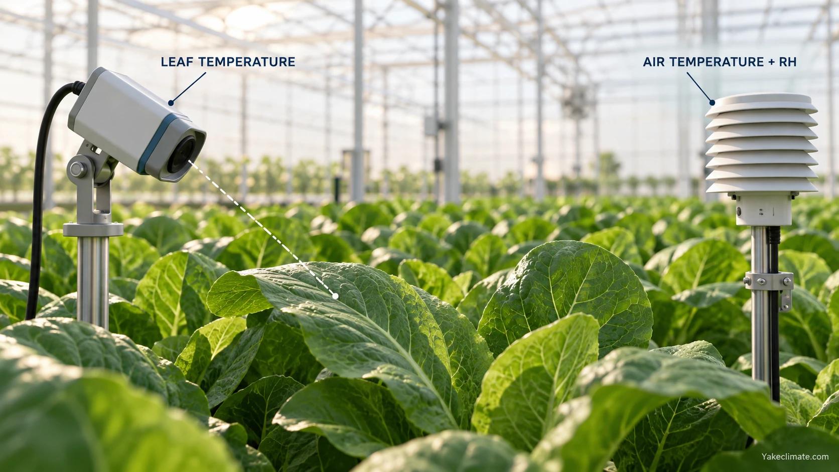 An infrared sensor measures a leaf surface while a separate shielded sensor measures air temperature and humidity.