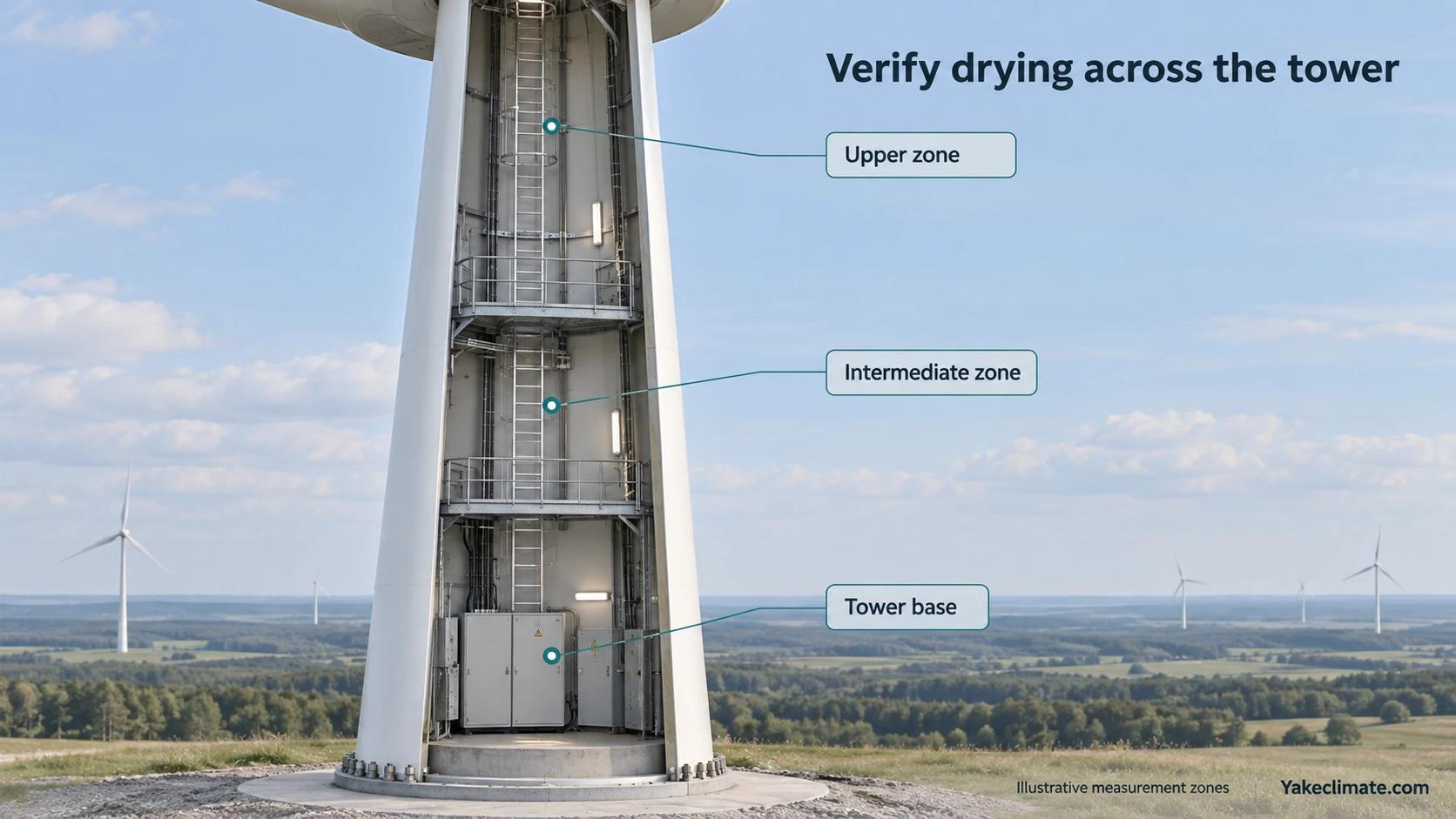 Illustrative wind-tower cutaway marking the tower base, an intermediate zone and an upper zone for drying verification.