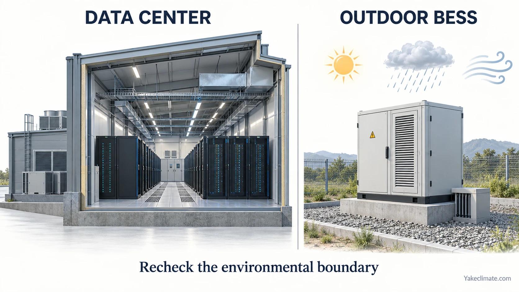 A data hall inside a managed building envelope is compared with a compact BESS cabinet exposed to outdoor weather.