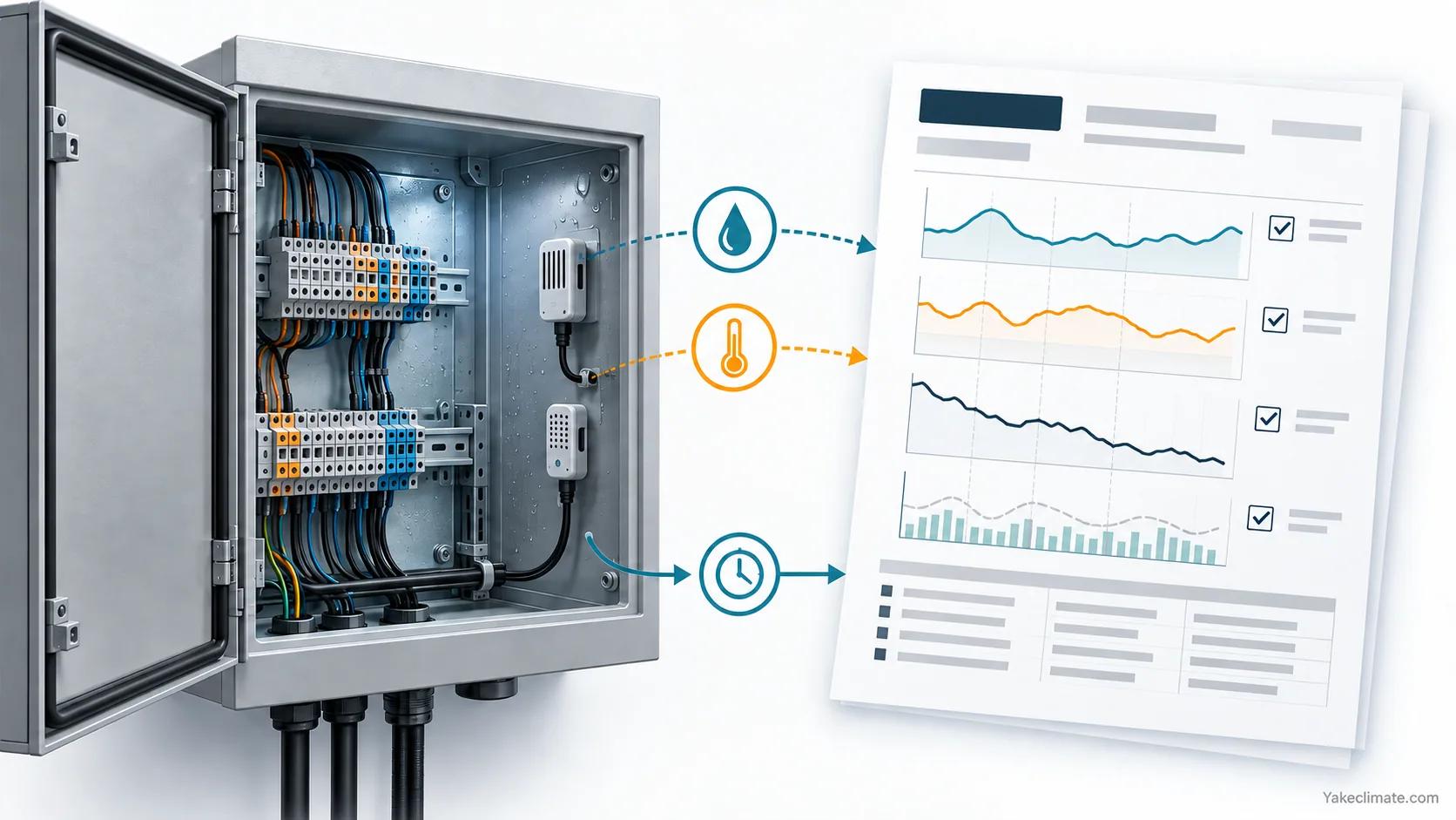 Conceptual illustration of an electrical enclosure with local moisture sensors beside abstract records; not a Yakeclimate customer site or measured insulation test.