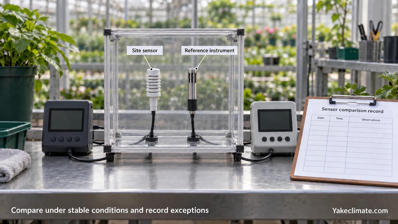 A site humidity sensor and reference instrument in a shared comparison enclosure beside a blank sensor comparison record.