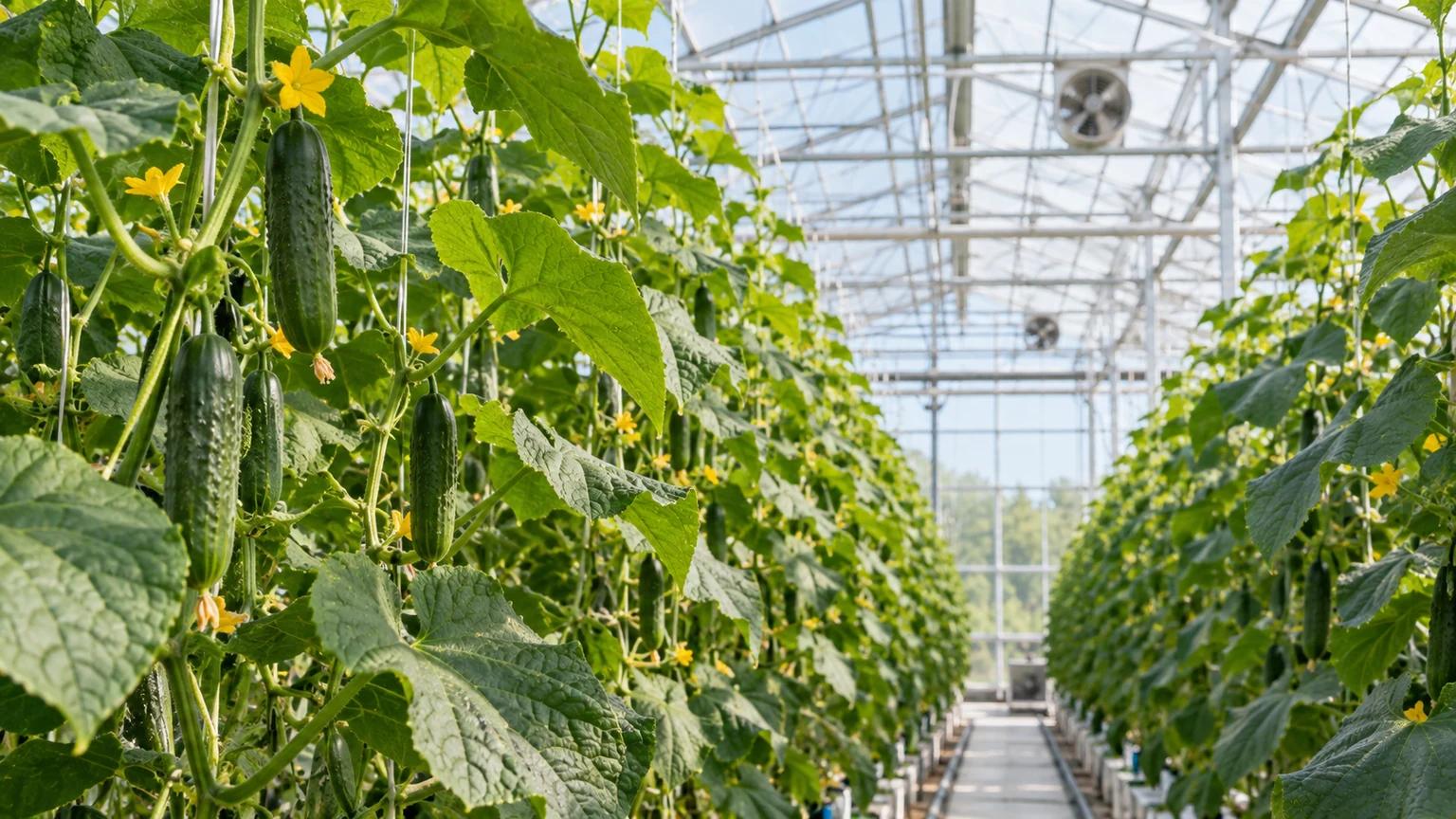 AI-created illustrative cucumber greenhouse with trained vines and circulation fans; not a Yakeclimate project photograph