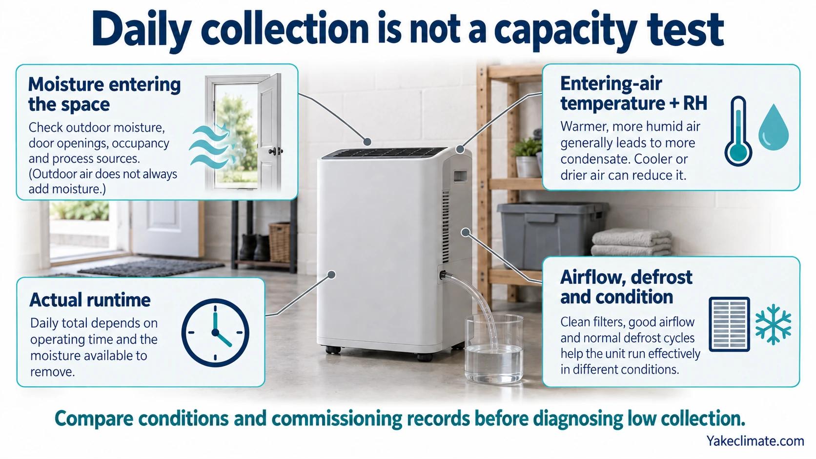Dehumidifier condensate collection influenced by moisture sources, entering-air conditions, actual runtime, airflow and defrost.