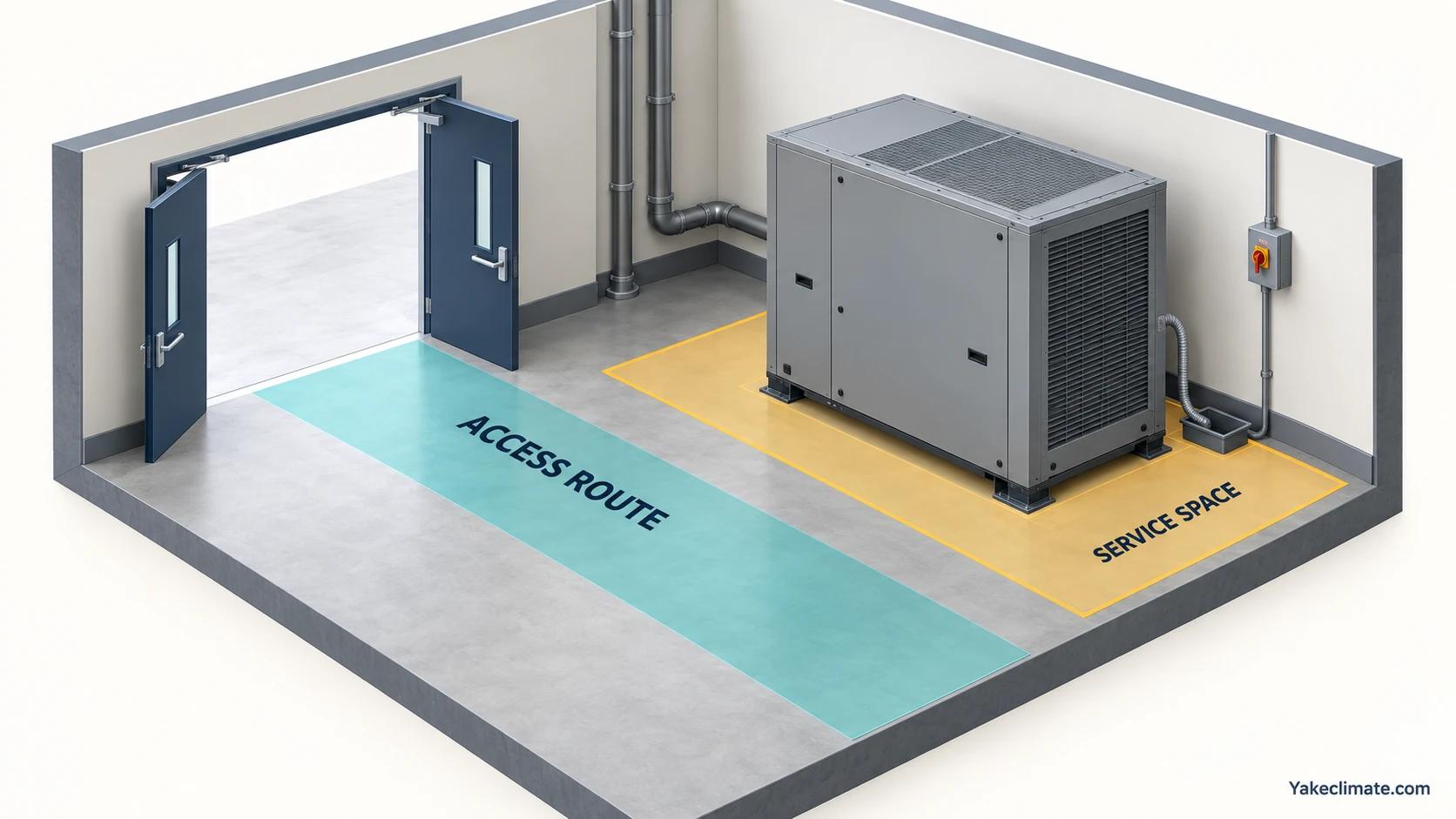A large dehumidifier with a clear doorway access route and marked equipment service space.