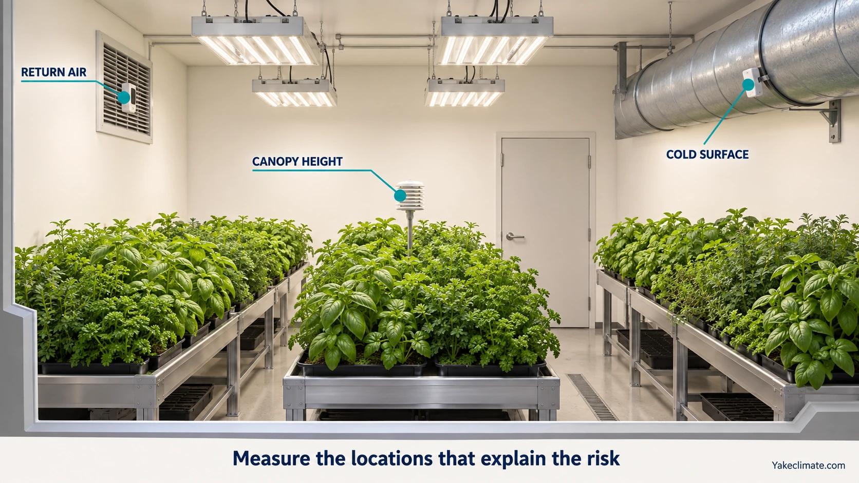 An indoor herb room marks measurement locations at canopy height, return air and a cold duct surface.