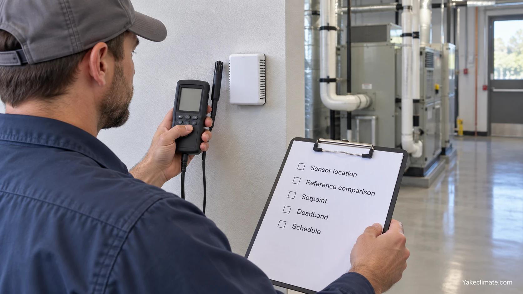 Technician holds a reference humidity probe beside a wall sensor while checking sensor location, settings and schedule.