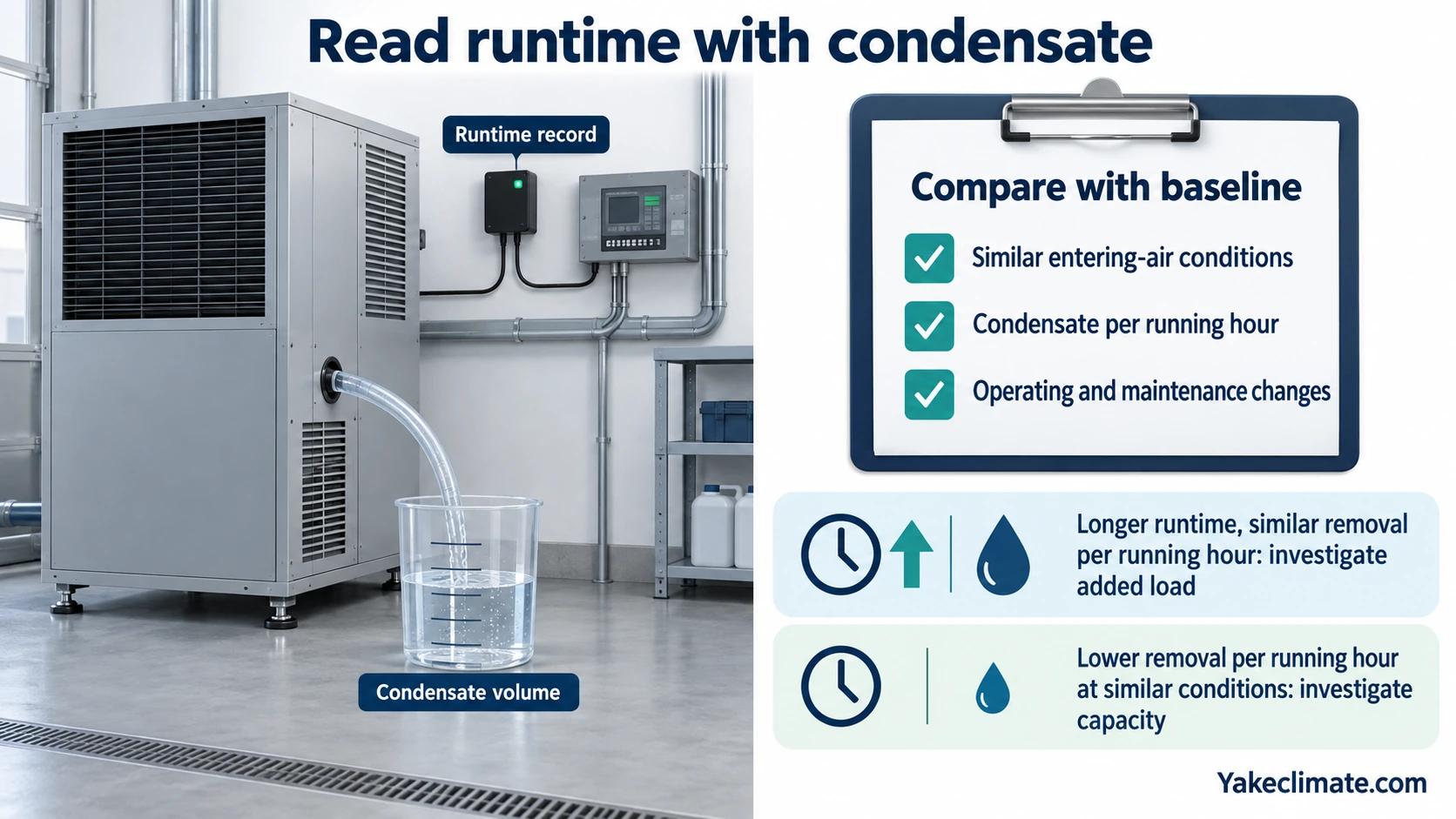 Dehumidifier runtime logger and condensate collection compared with a commissioning baseline at similar entering-air conditions.