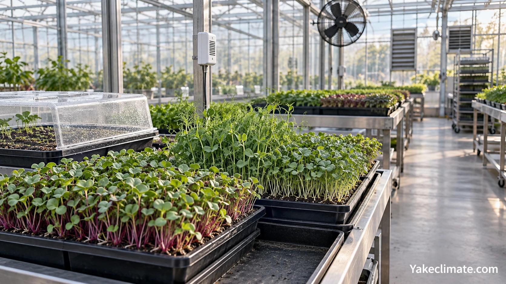 Conceptual illustration of microgreen trays, a temporary cover, air sensor and circulation fan in a greenhouse; not a Yakeclimate project photograph