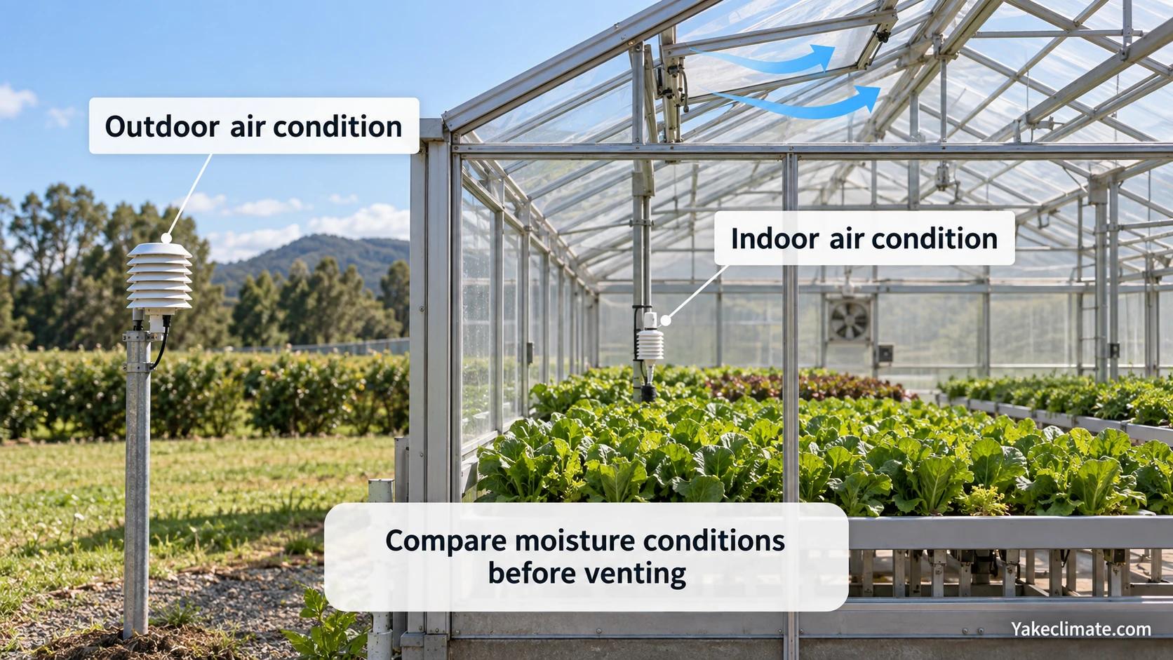 Separate shielded air-condition sensors outdoors and at crop height inside a greenhouse, with a roof vent above.