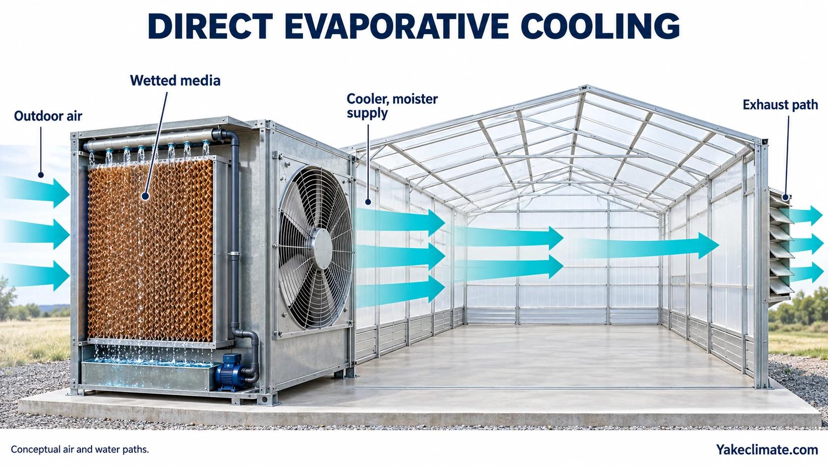 Outdoor air moves through wetted media and a fan into a greenhouse, then exits through an exhaust opening while pad water recirculates.