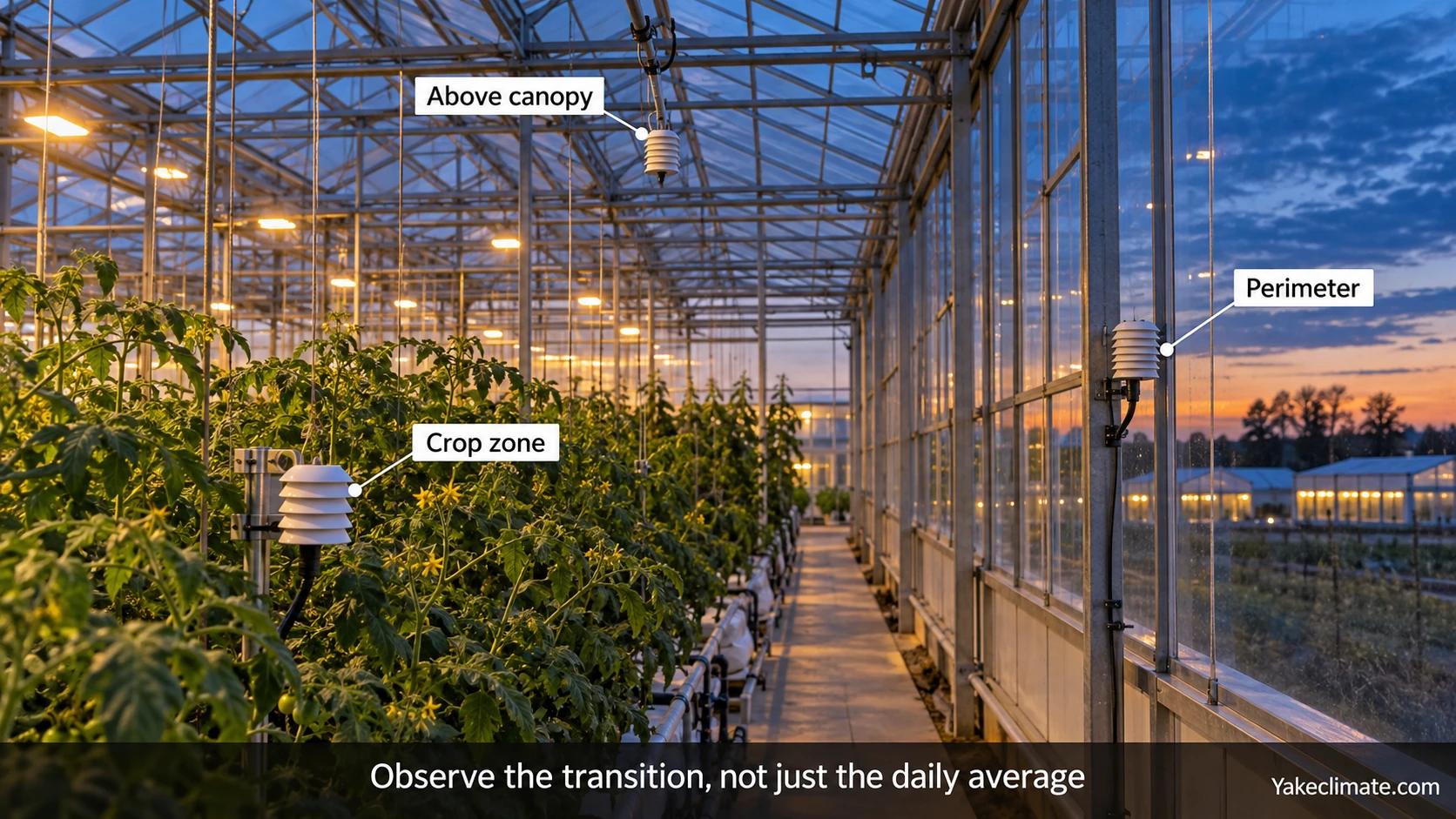 Dusk greenhouse with shielded air sensors in the crop zone, near perimeter glazing, and above the canopy.