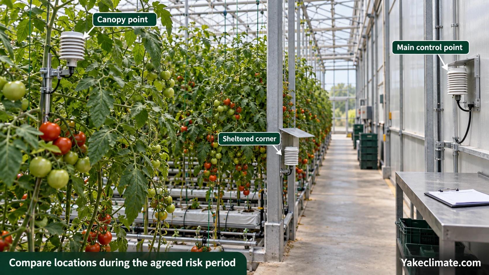 Three greenhouse humidity measurement locations at the crop canopy, a sheltered corner and the main control point.