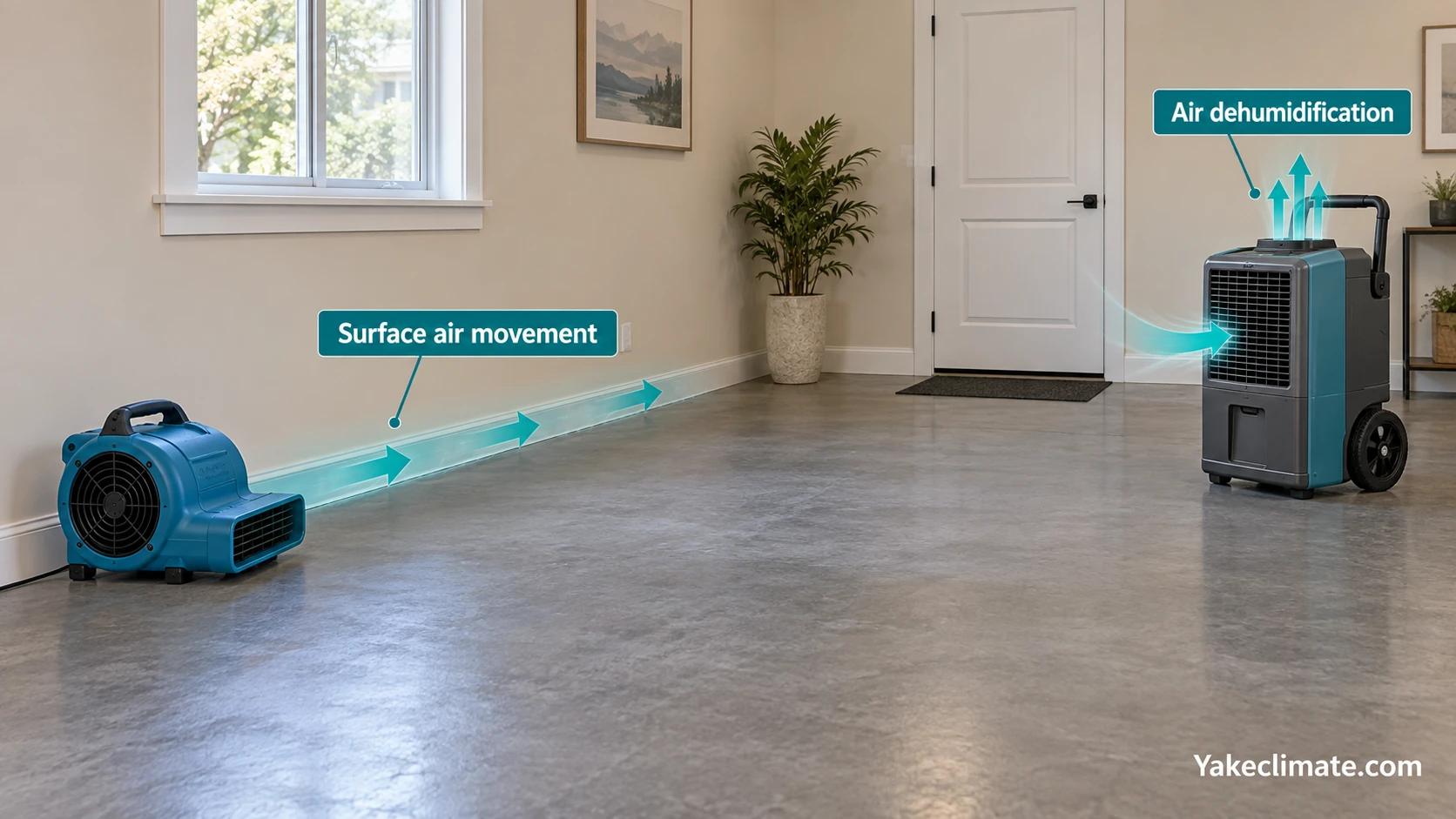 A floor air mover directs air along a damp wall base while a separate dehumidifier processes room air.