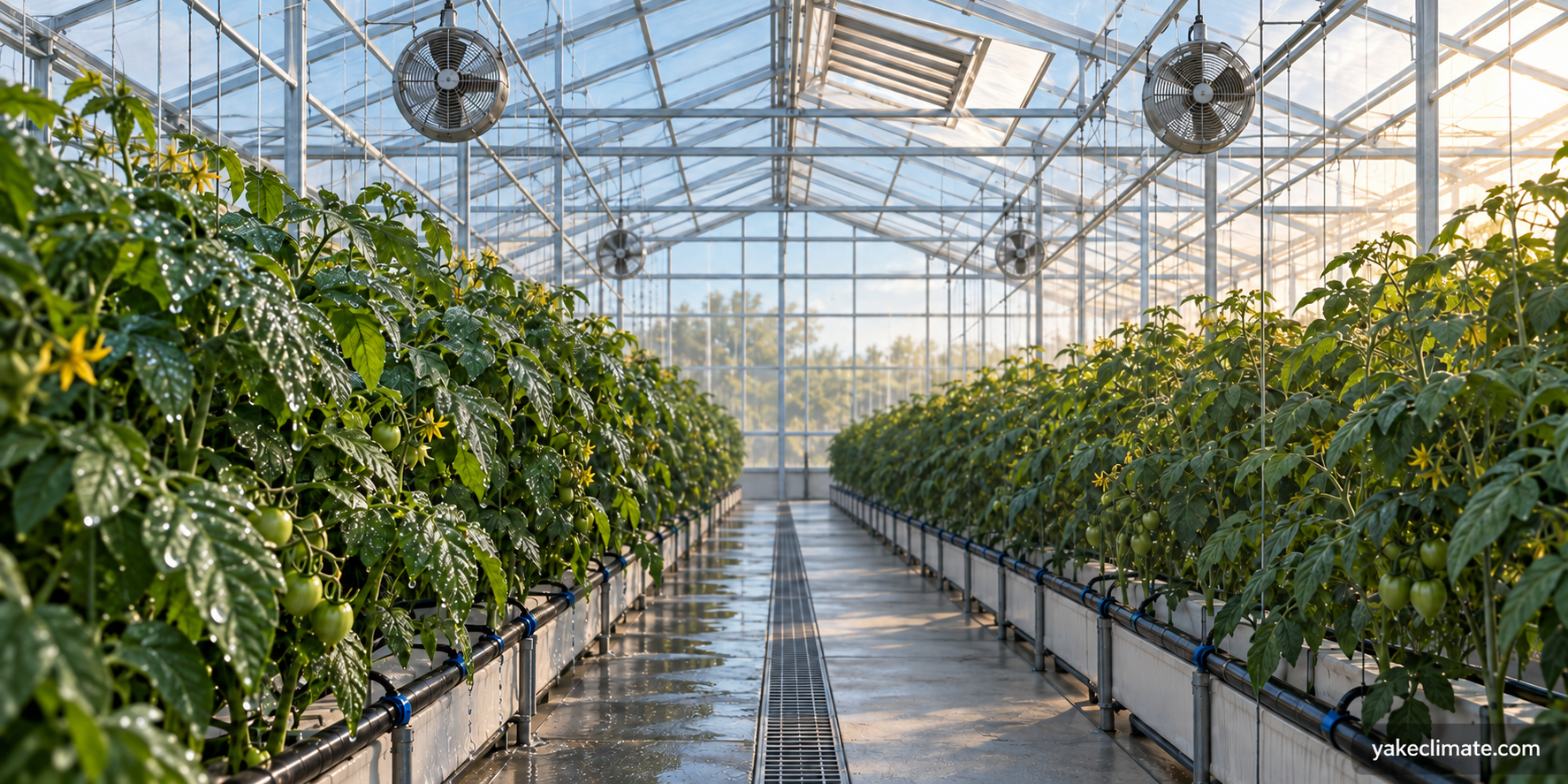 Conceptual illustration of a generic irrigated greenhouse crop canopy, irrigation lines and circulation fans; not a Yakeclimate customer site or approved airflow design.