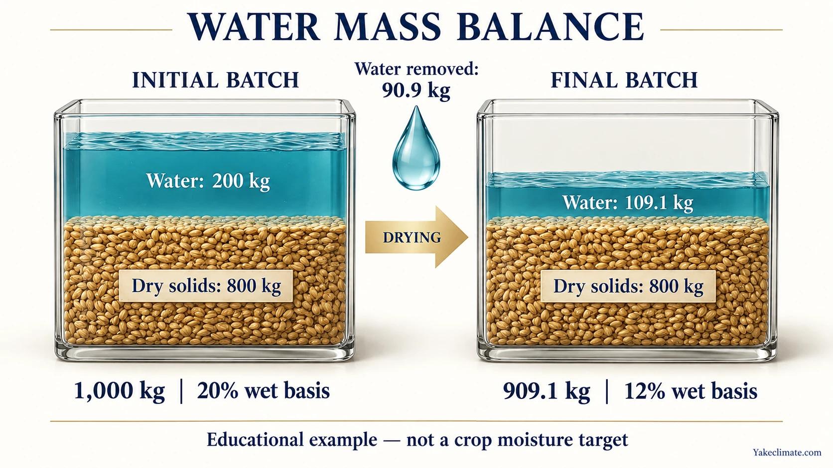 Educational water mass balance: dry solids stay at 800 kg while water decreases from 200 to 109.1 kg.