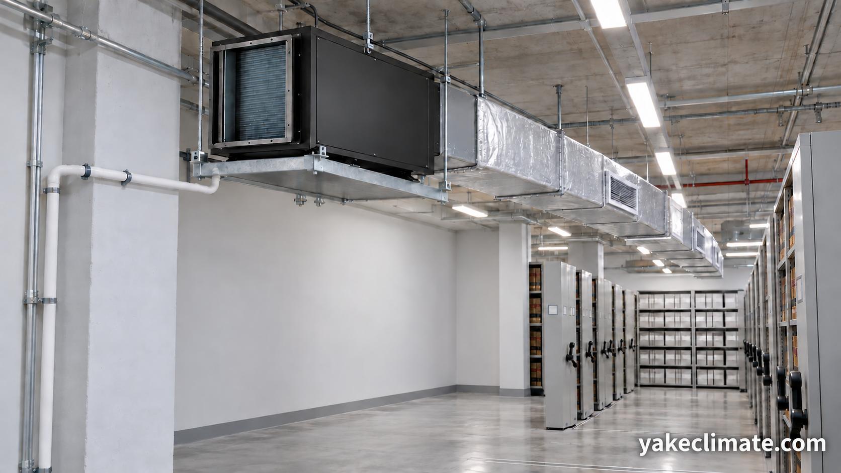 Archive storage aisles with boxed records, bound volumes and a suspended ducted dehumidifier above the clear service aisle.