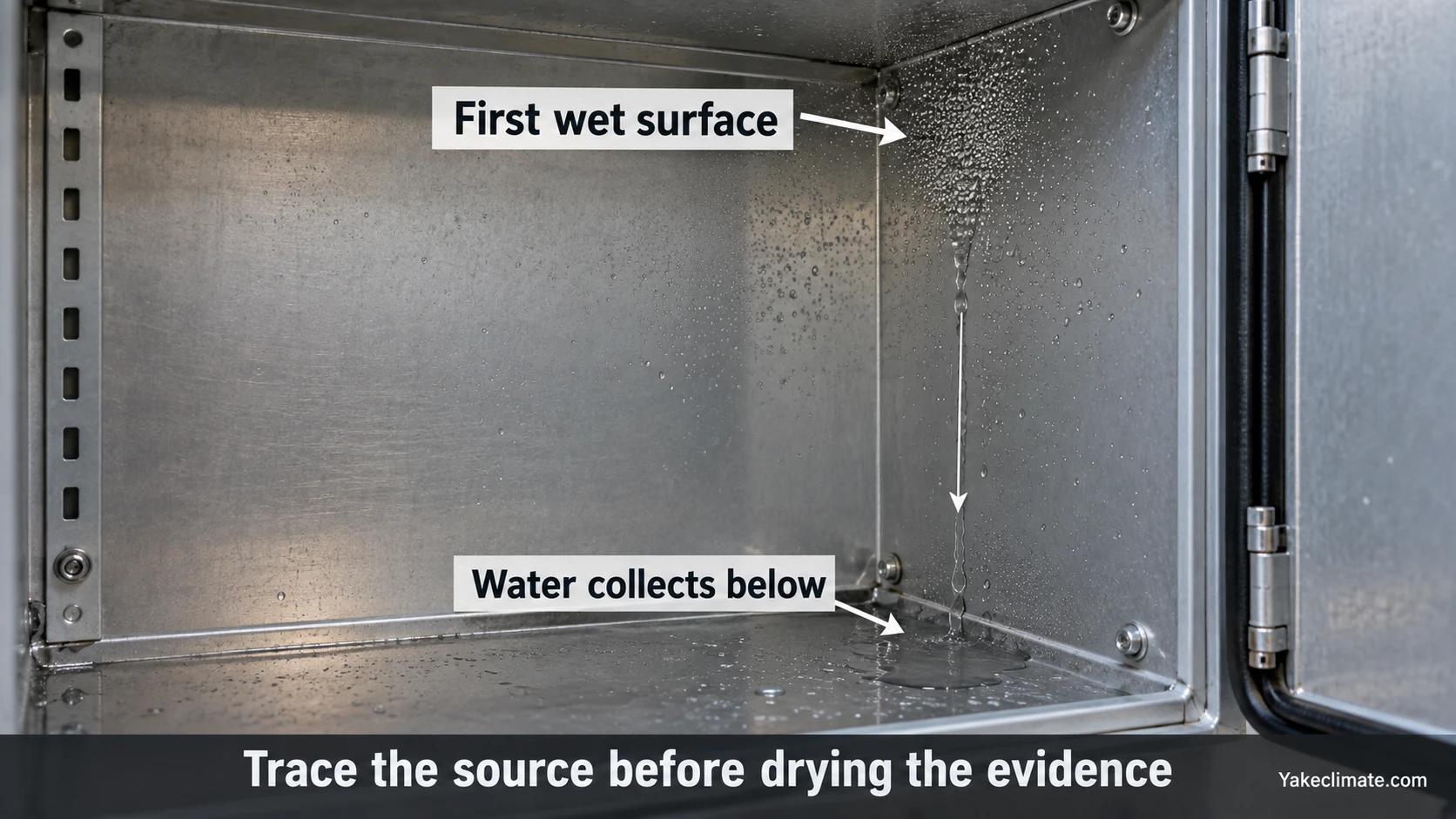 Illustrative empty enclosure showing droplets at the first wet surface, runoff down the wall and water collecting below.