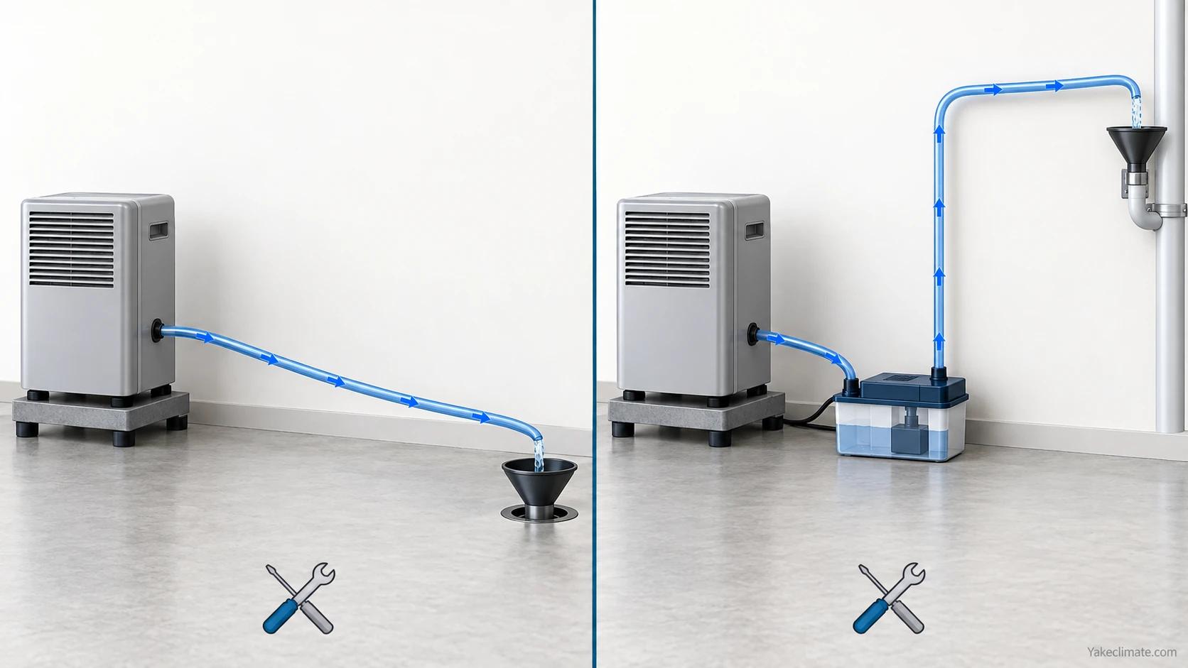 A continuously falling gravity drain beside a condensate pump lifting water to a higher discharge point.