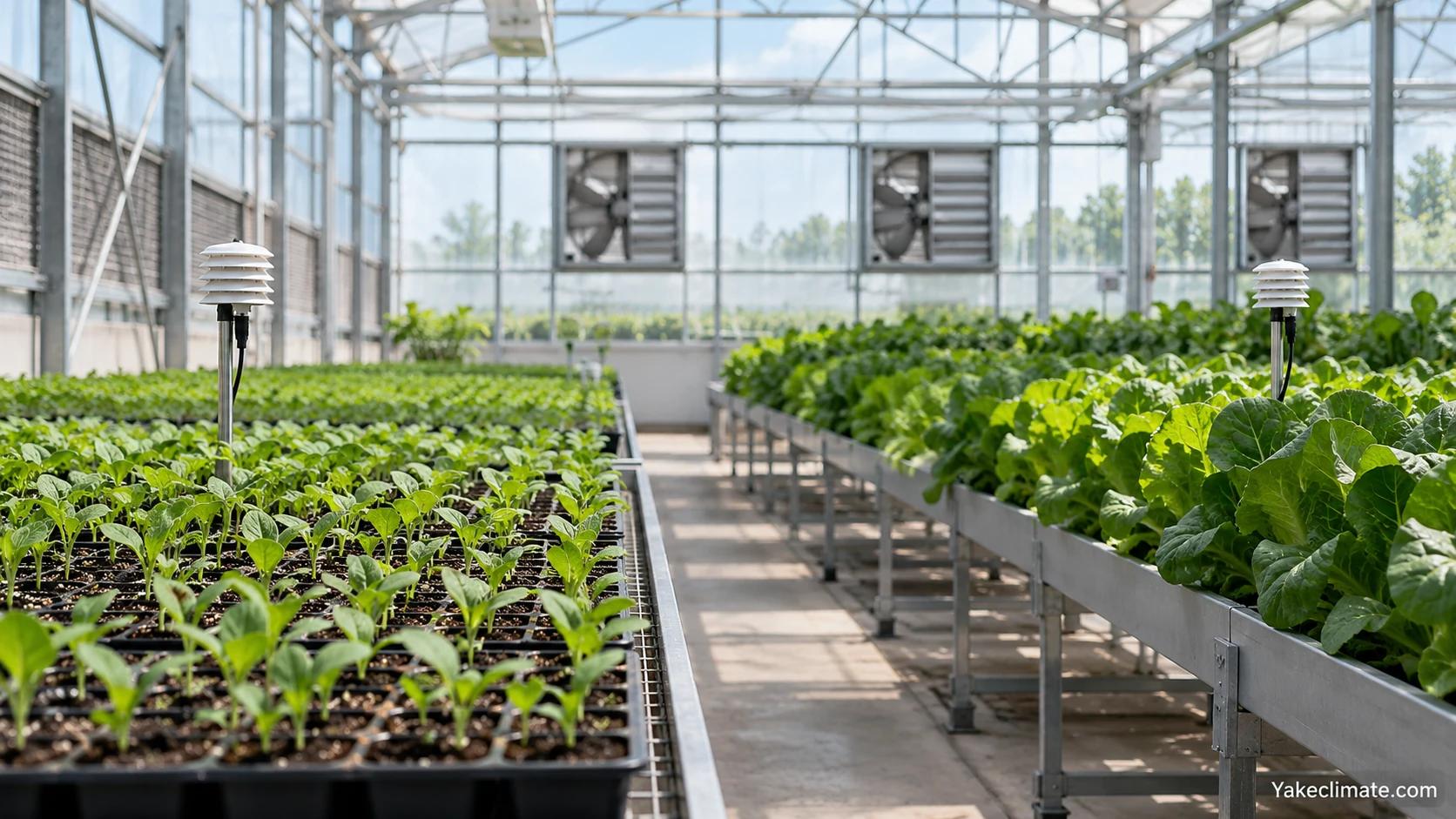 Illustrative greenhouse benches of young and mature crops with separate canopy-height sensors; not a project measurement.
