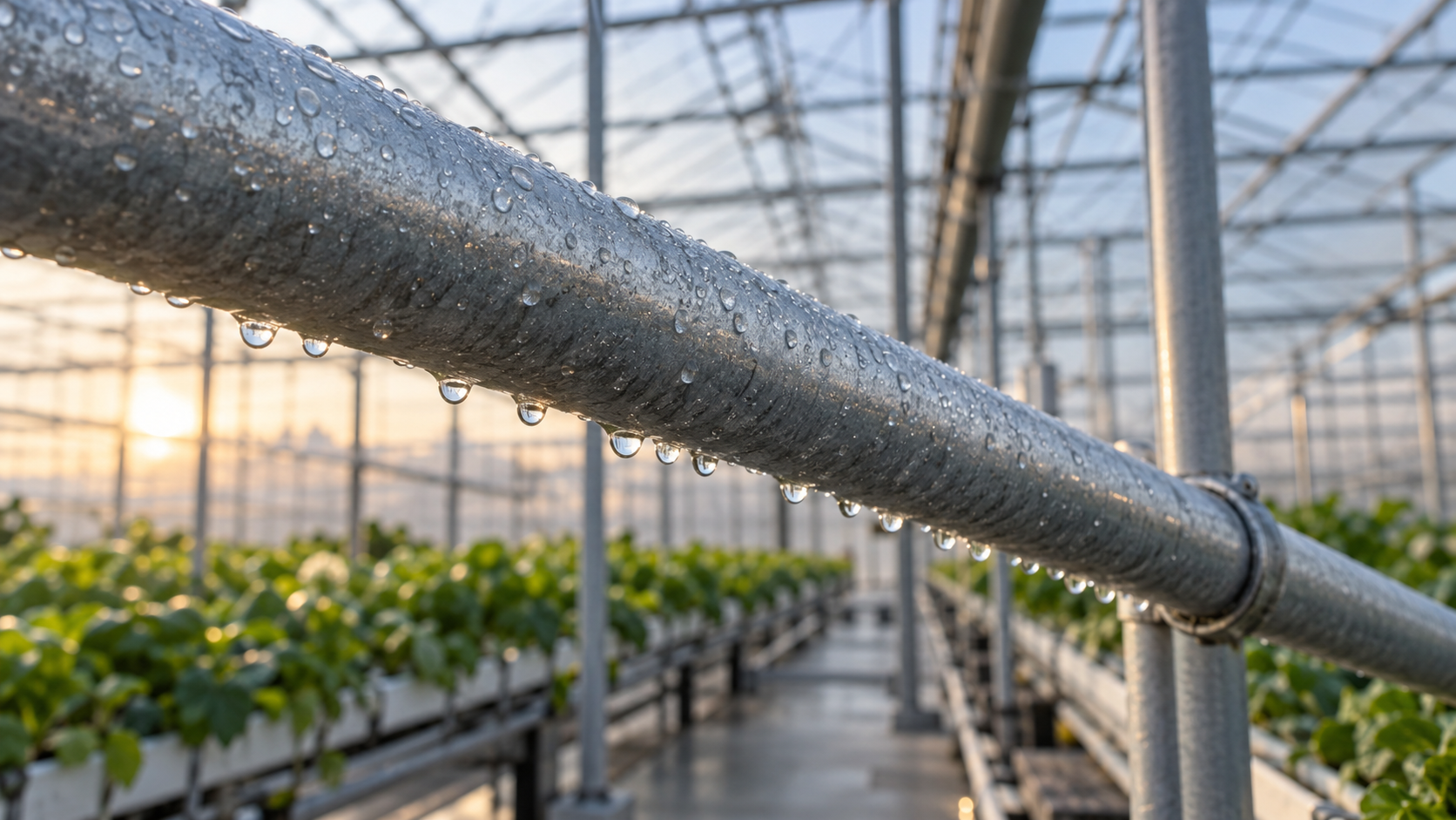 AI-created conceptual image of water droplets on a greenhouse pipe; the water source is unverified