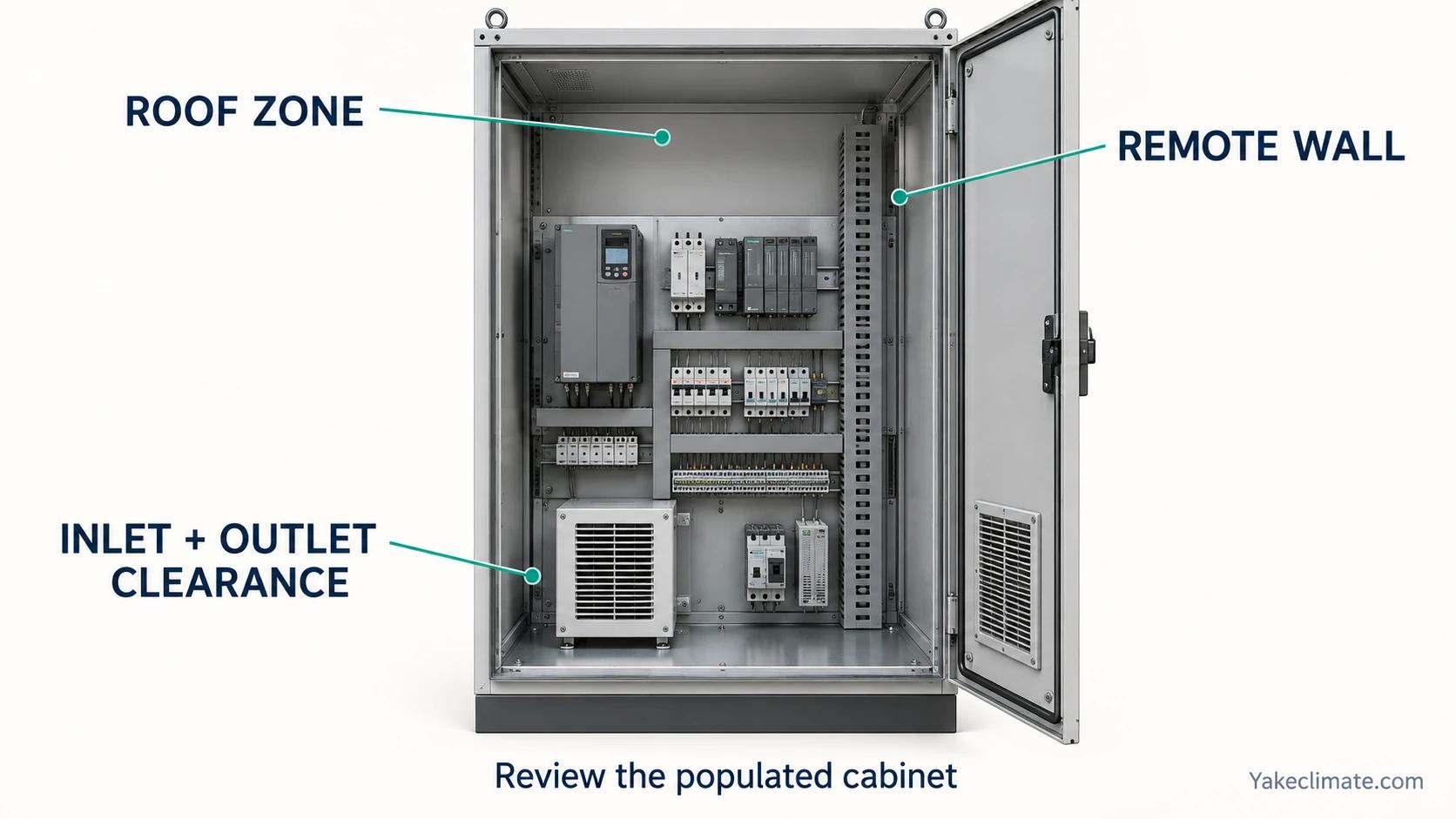 A populated electrical cabinet highlights the roof zone, remote wall and humidity-unit airflow clearances.