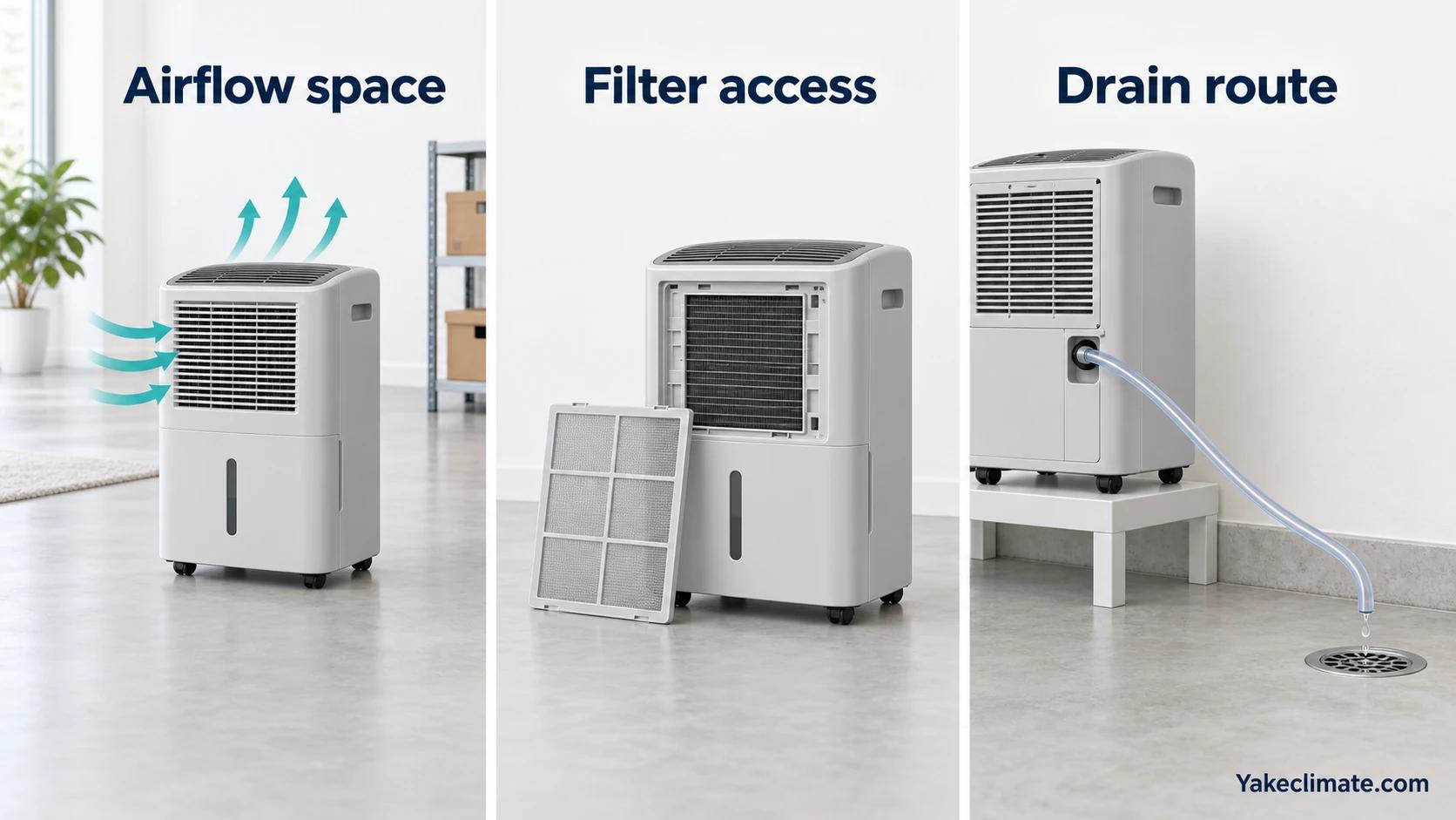 Illustrated checks for open airflow space, removable filter access and a downward condensate drain route.