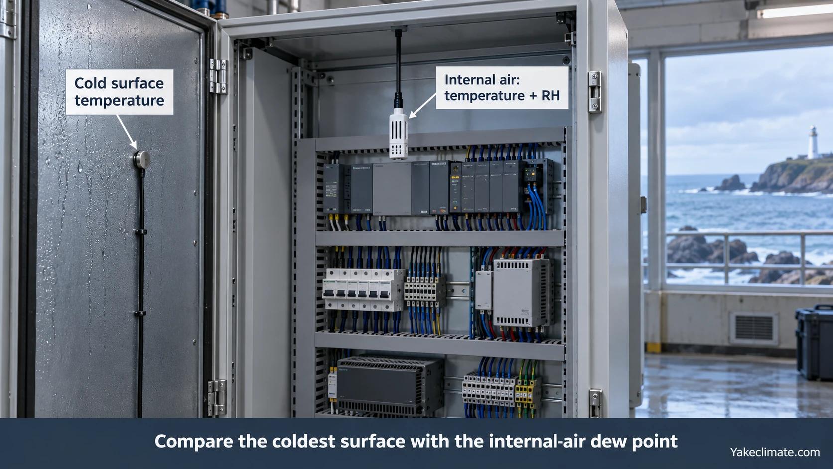Conceptual electrical cabinet with a contact probe on the cold inner door and a separate internal air temperature and humidity sensor.