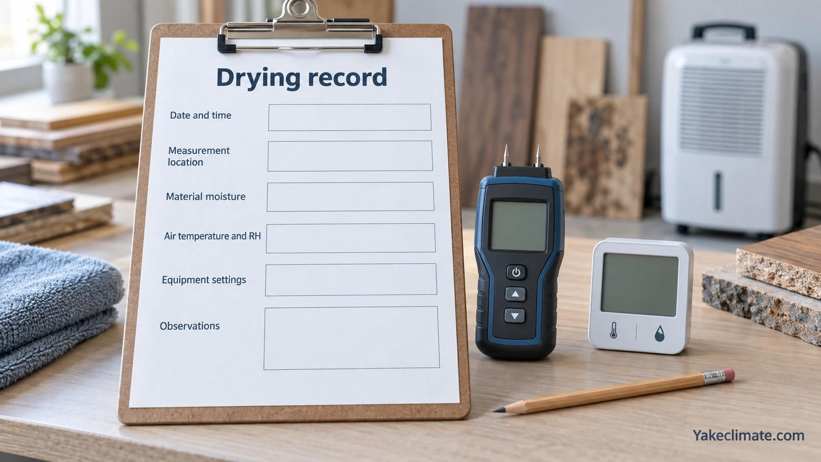 Blank drying record with fields for time, location, material moisture, air conditions, equipment and observations.