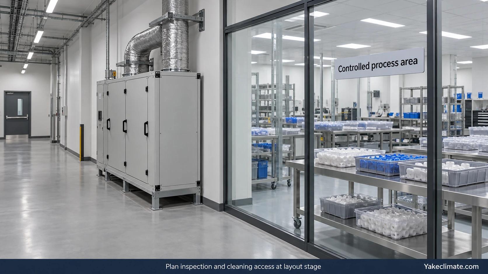 Generic air-handling equipment in an accessible service corridor beside a glass-partitioned controlled component manufacturing area.