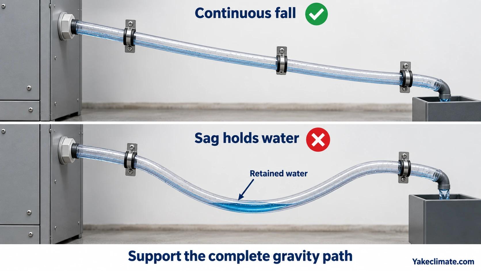 Conceptual comparison of a supported continuously descending condensate hose and a sagging hose with retained water at its low point.