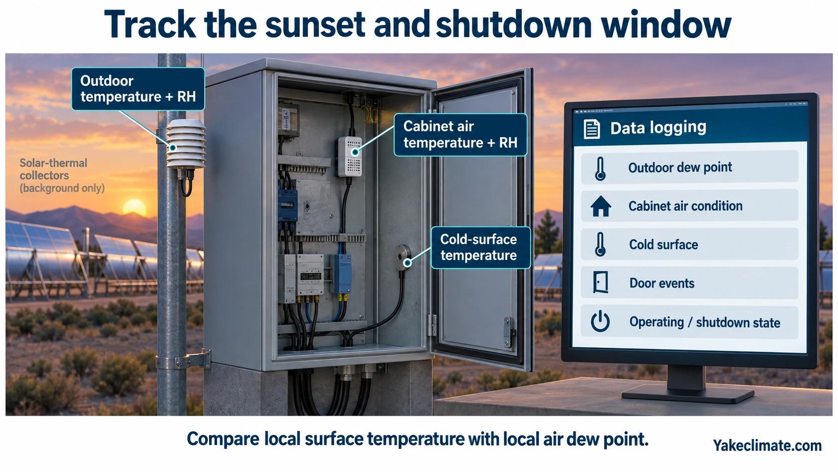 Dusk view of auxiliary cabinet monitoring with outdoor and cabinet air loggers, a cold-surface probe, and operating-state records.