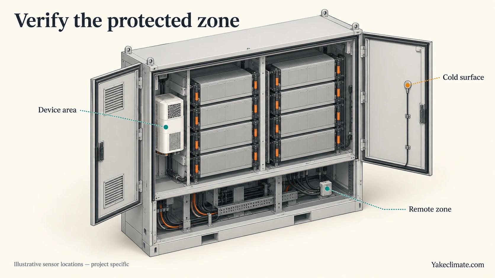 Illustrative BESS enclosure with commissioning measurement locations at the humidity-control device area, a remote lower zone and a cold enclosure surface.