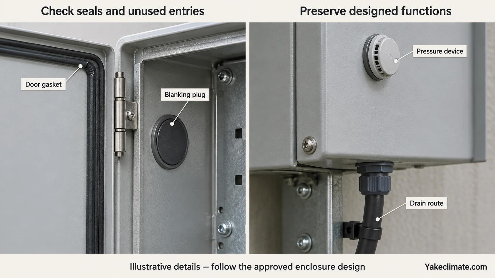 Illustrative enclosure details comparing a door gasket and blanking plug with a pressure device and downward drain route.