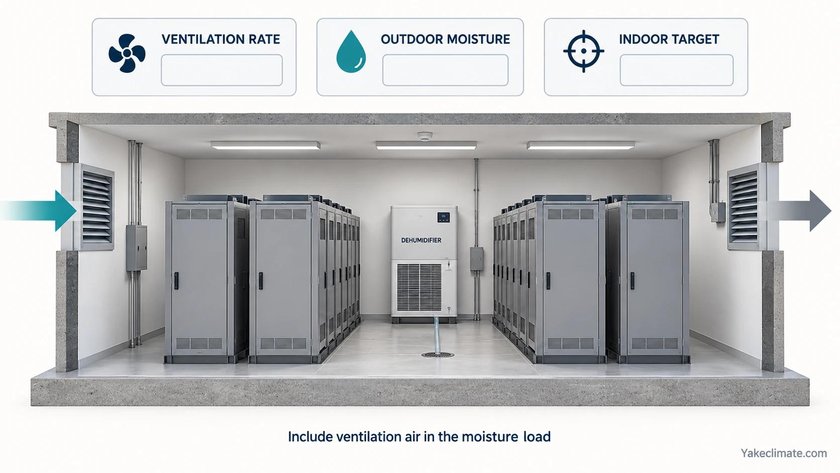 A conceptual battery room shows outdoor intake, exhaust and dehumidification beneath ventilation-rate, outdoor-moisture and indoor-target inputs.