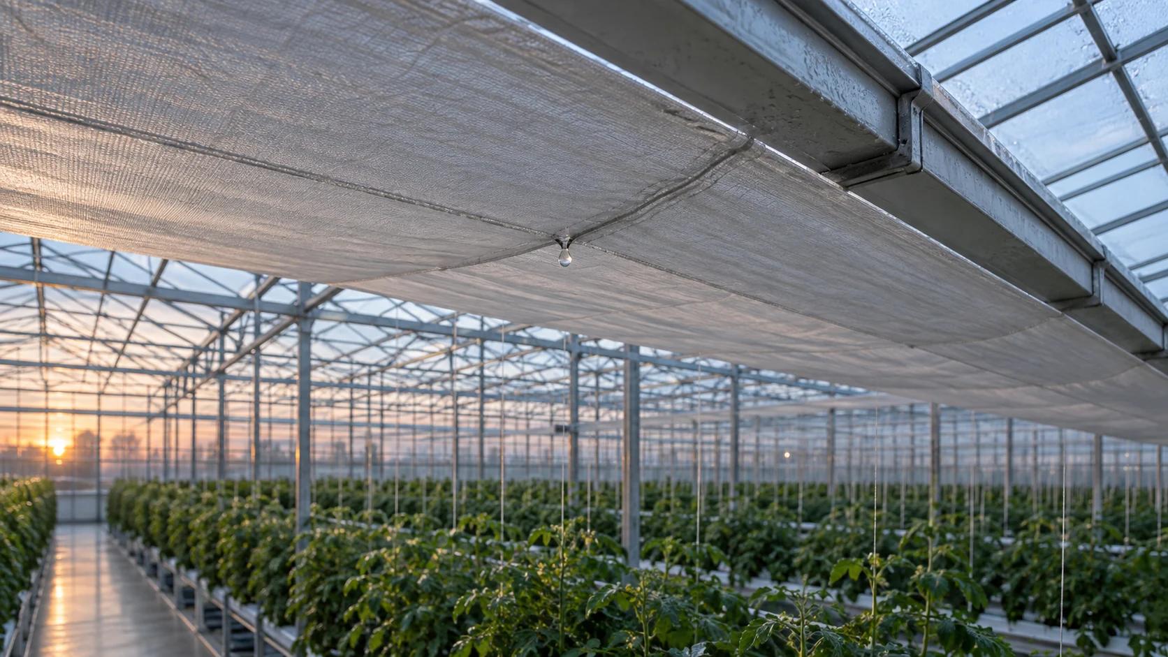 Conceptual thermal curtain seam with a droplet in a greenhouse; the water origin is unverified