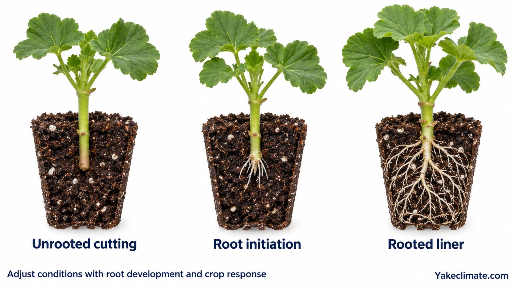 Conceptual cutting development stages showing an unrooted cutting, initial roots and a rooted liner in matching propagation plugs.
