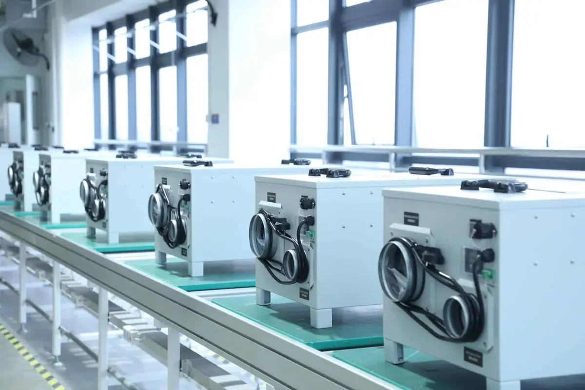 Industrial dehumidifier production line inside a manufacturing facility.