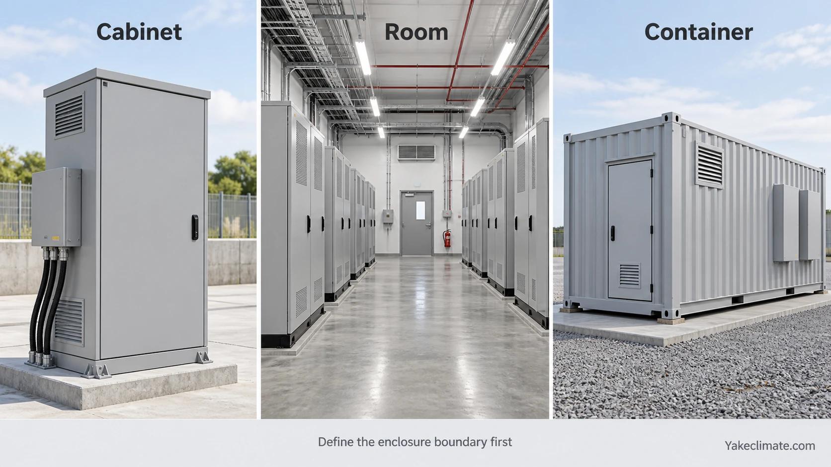 Three illustrative electrical equipment settings: an outdoor cabinet, an equipment room, and a container enclosure.
