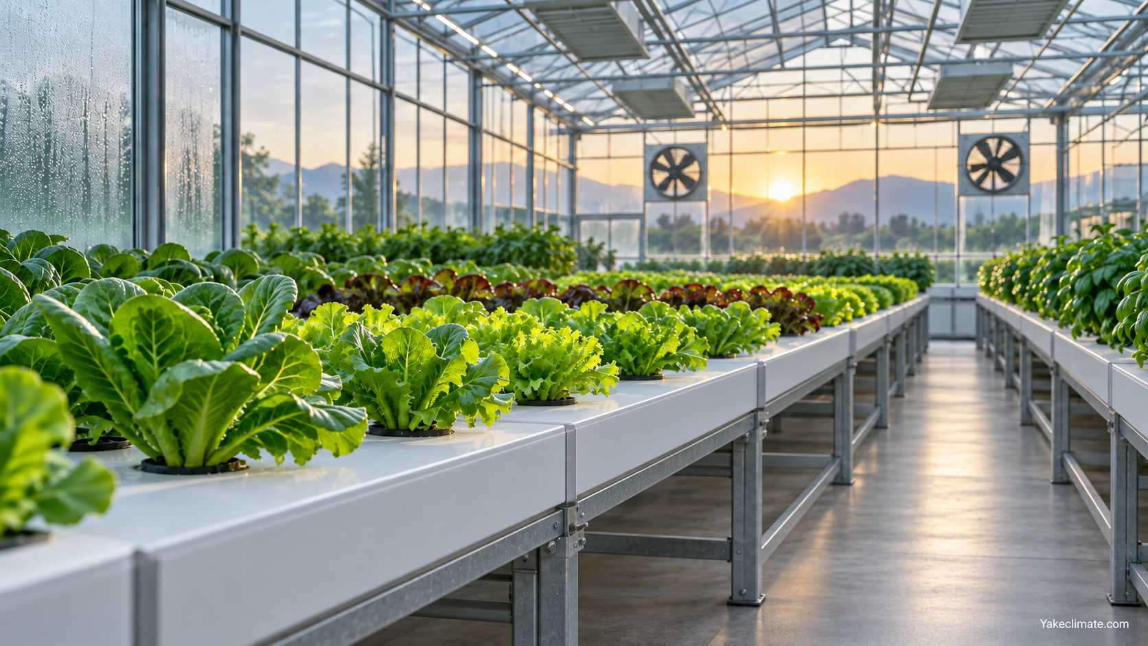 Conceptual illustration of leafy greens in a hydroponic greenhouse with nutrient channels and condensation on glazing; not a Yakeclimate project photograph
