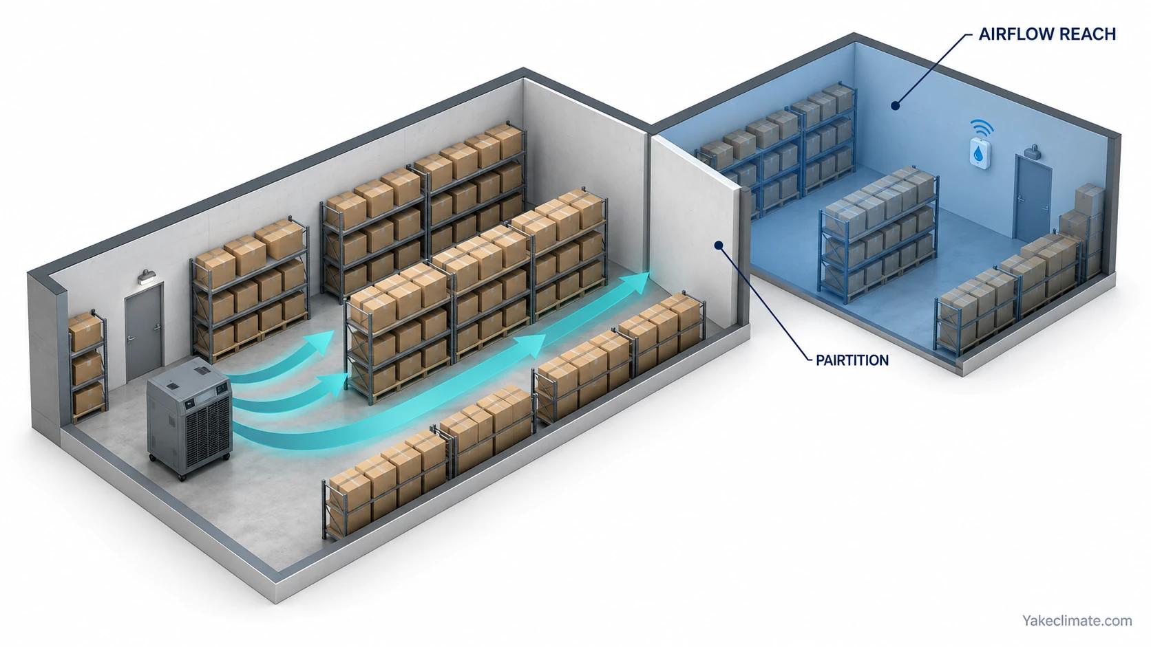 Dry-air paths in a divided warehouse stop at a partition, leaving a distant zone for separate airflow review.
