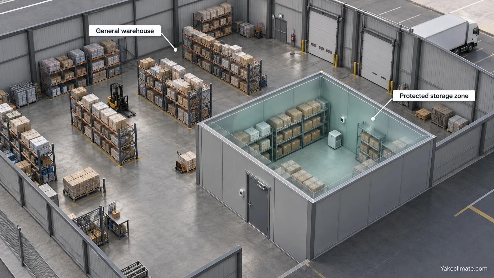 A partitioned protected storage room inside a larger warehouse, with a closed door and separate humidity-control equipment.