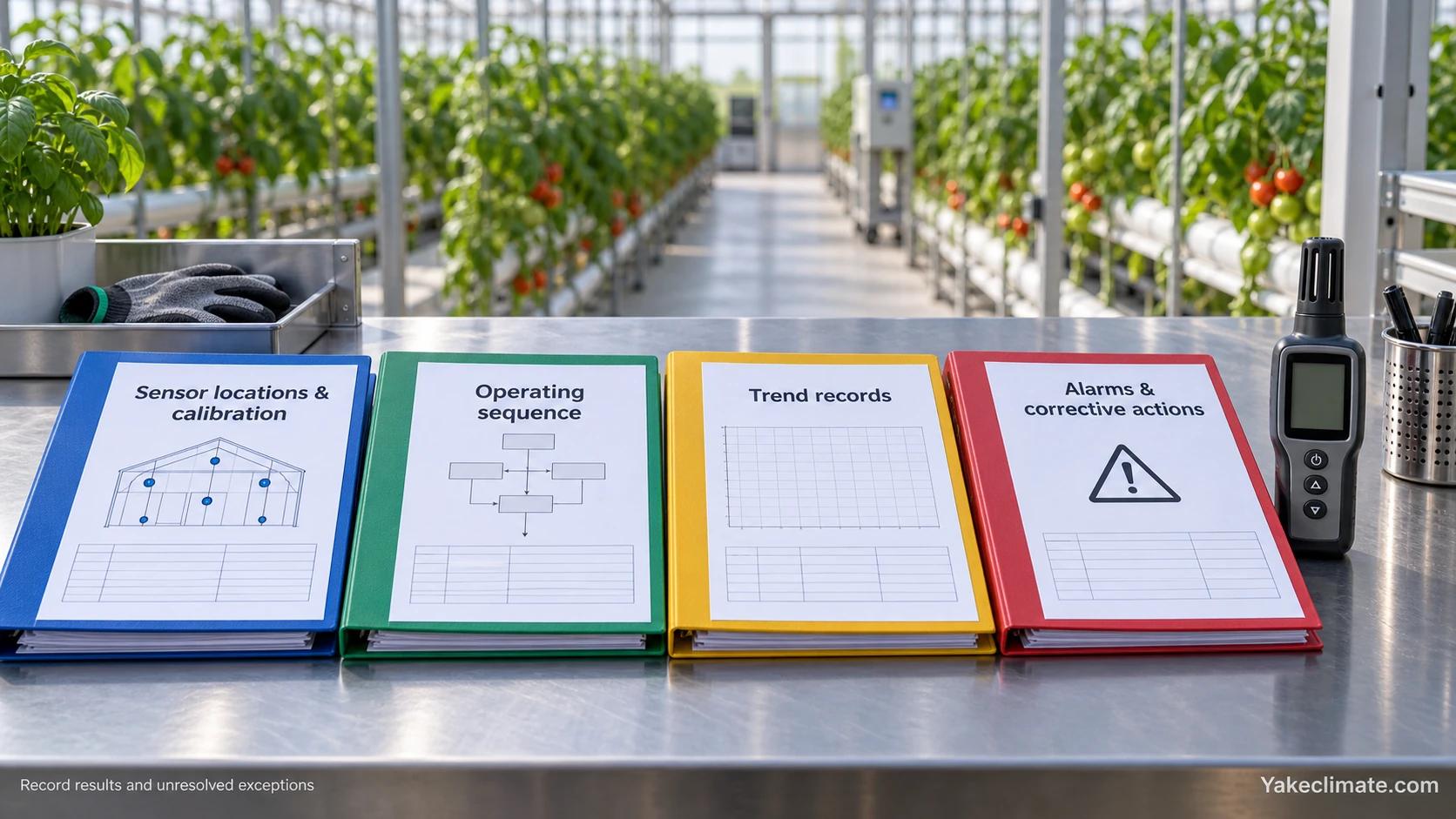 Four greenhouse commissioning folders for sensor locations and calibration, operating sequence, trend records, and alarms and corrective actions.