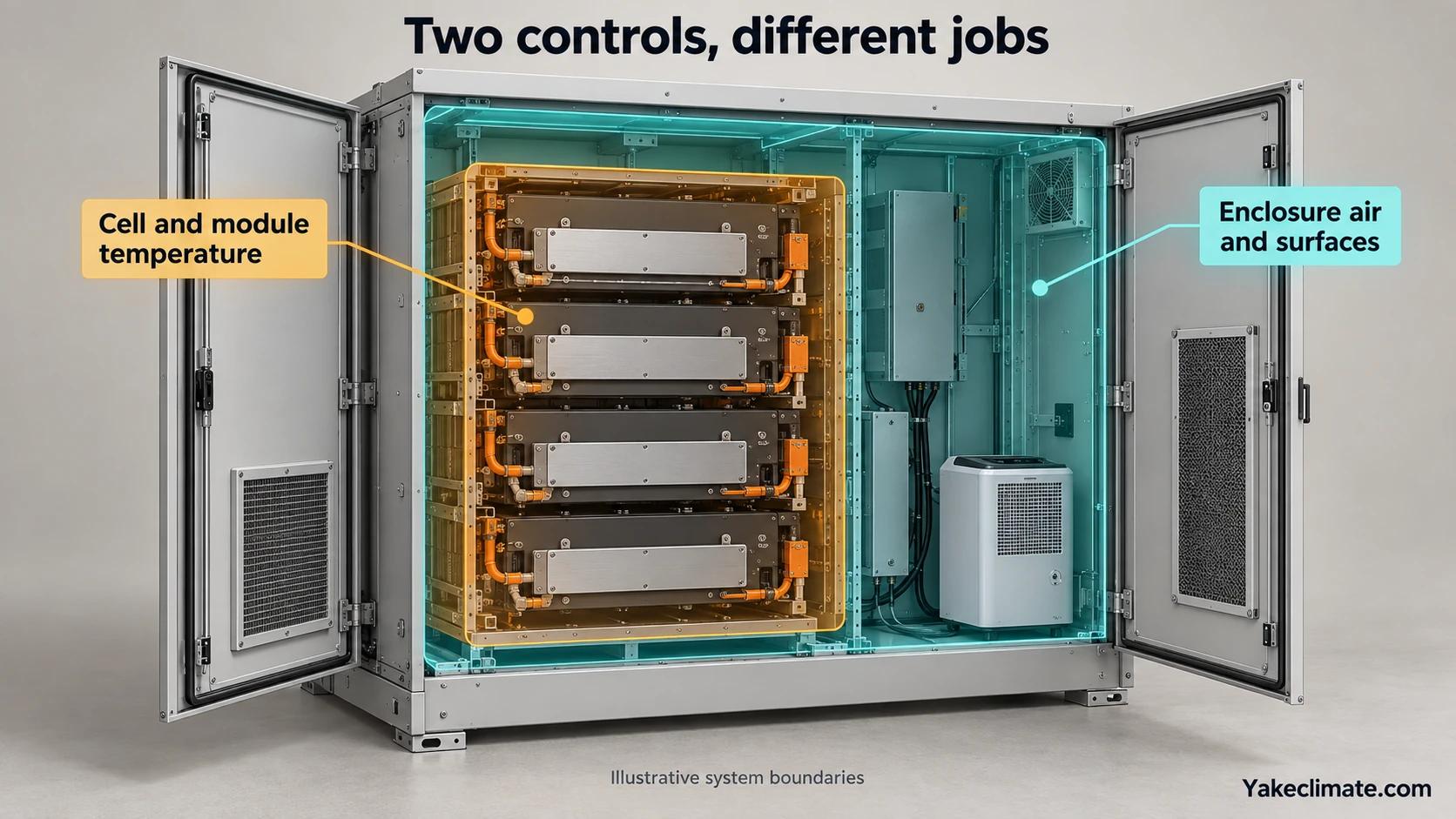 Illustrative battery cabinet separating cell and module temperature control from moisture control of enclosure air and surfaces.