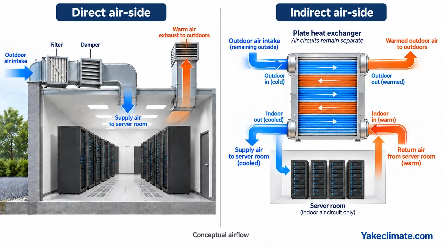 Direct outdoor-air cooling compared with indirect cooling through a plate heat exchanger with separate indoor and outdoor air circuits.