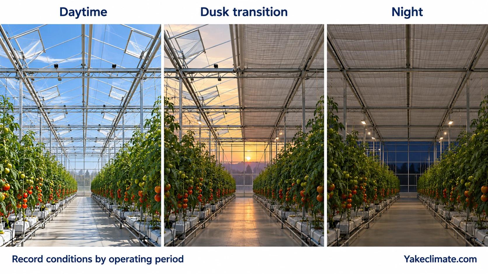 Conceptual tomato greenhouse views across daytime, dusk transition and night, showing changing vent and thermal-screen conditions.