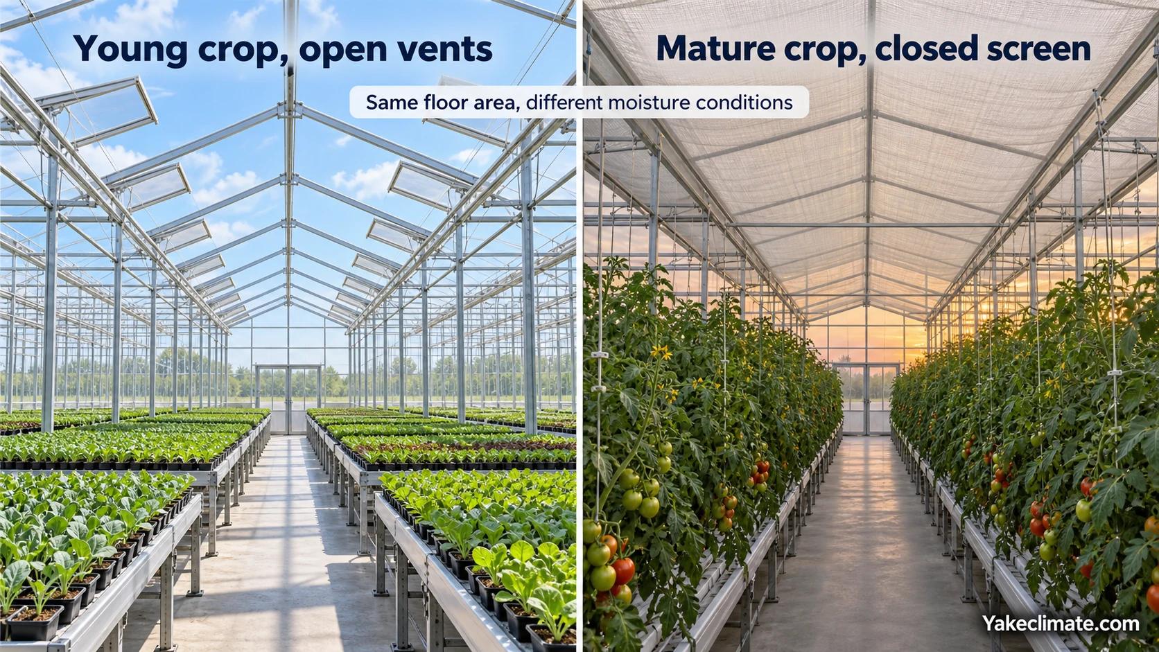 Conceptual comparison of equal-sized greenhouse bays with young crops and open vents versus a mature tomato canopy beneath a closed screen.
