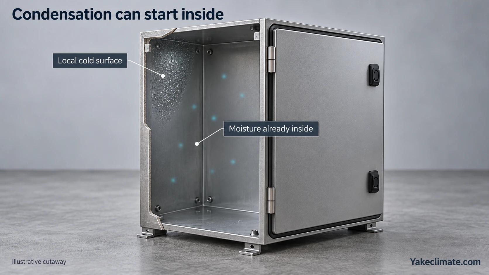 Illustrative cutaway of a dry enclosure showing moisture already inside and condensation droplets on a local cold interior surface.